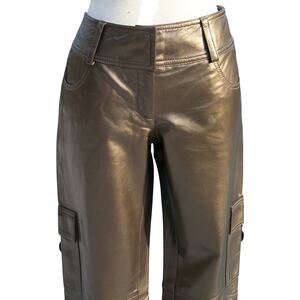 Cache Dark Gold Butter Leather Lined Cargo Style Pant New Buckles NWT $258